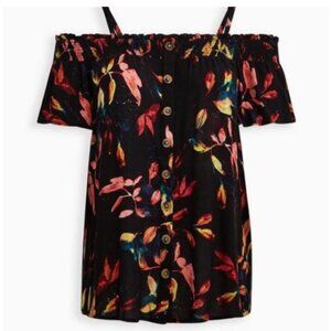 Torrid Crepe Smocked Cold Shoulder Button Front Blouse Women 2X Black Leaf Flora